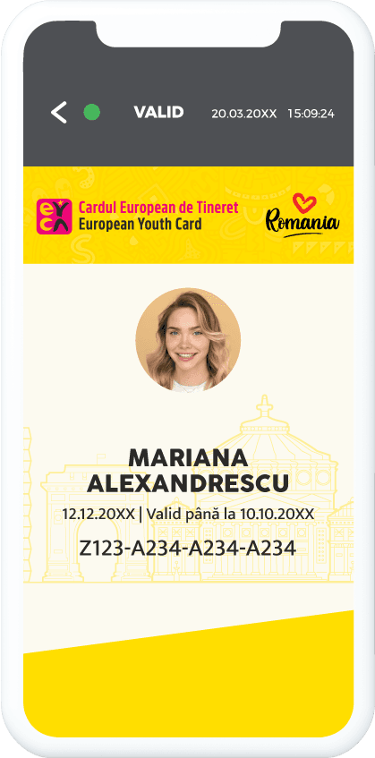 Cardul European de Tineret afișat în aplicația CET
